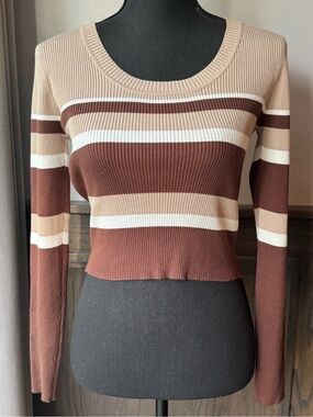 The Slope Striped Scoop-Neck Ribbed Sweater in Brown, Cream & Tan medium